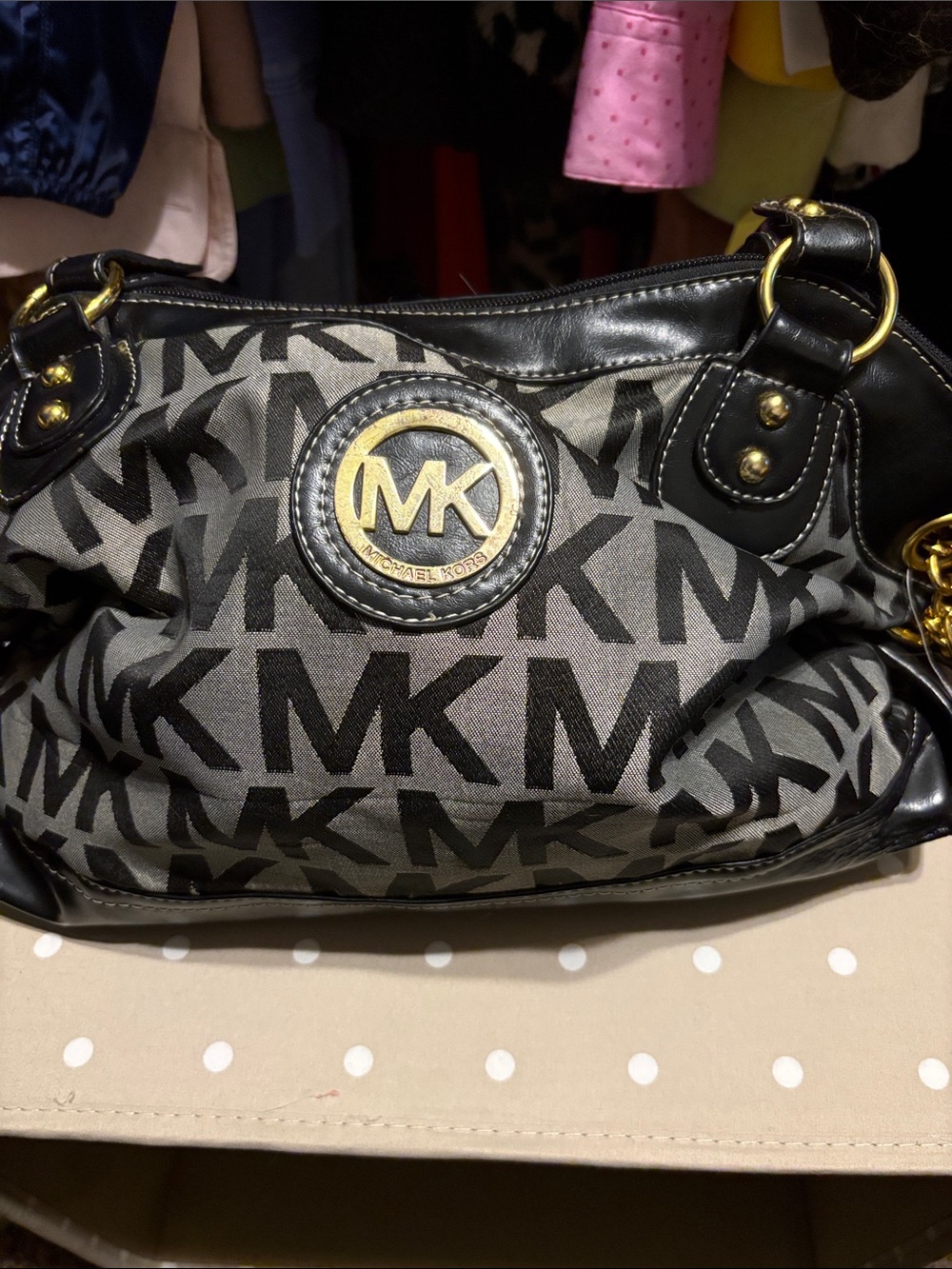 Michael Kors Black & Gray MK Logo Shoulder Bag with Gold Hardware